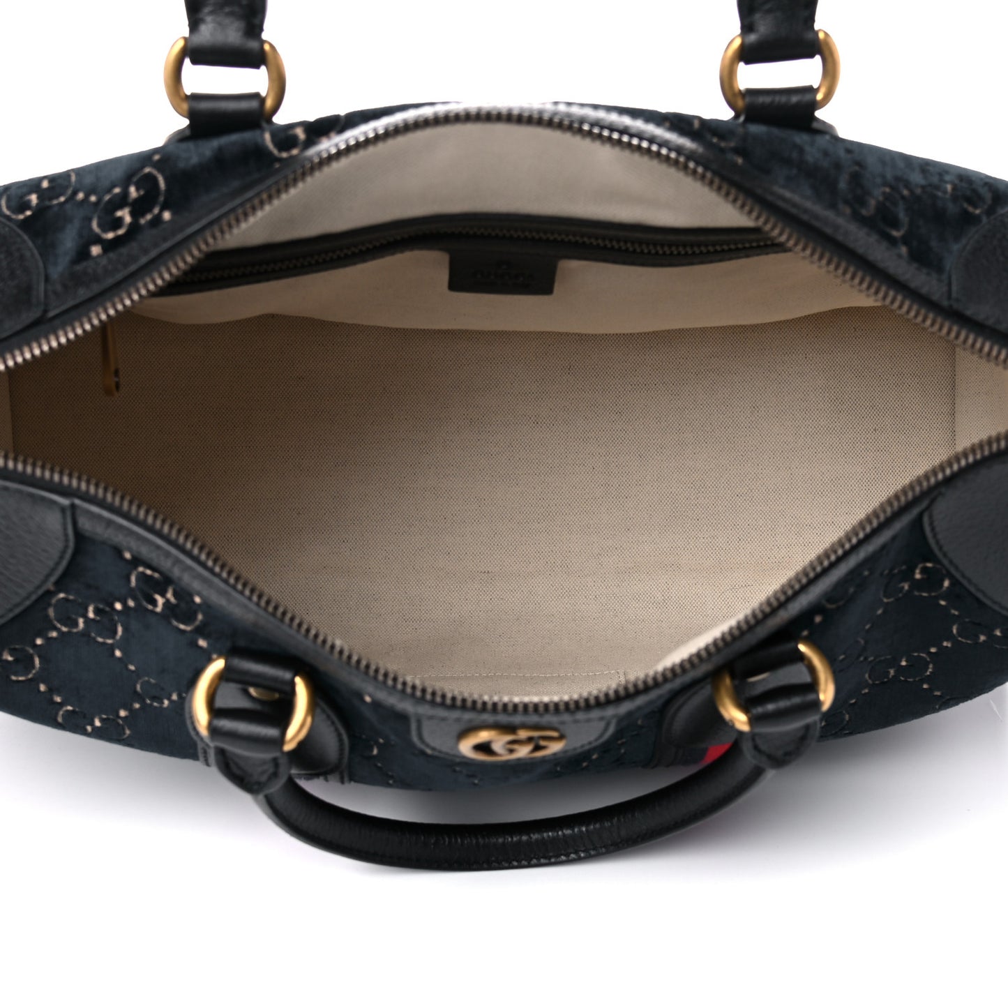Velvet GG Monogram Textured Calfskin Web Medium Duffle Bag Blue Beige Black