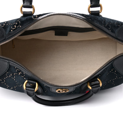 Gucci Velvet GG Monogram Textured Calfskin Web Medium Duffle Bag Blue Beige Black 5 of 11