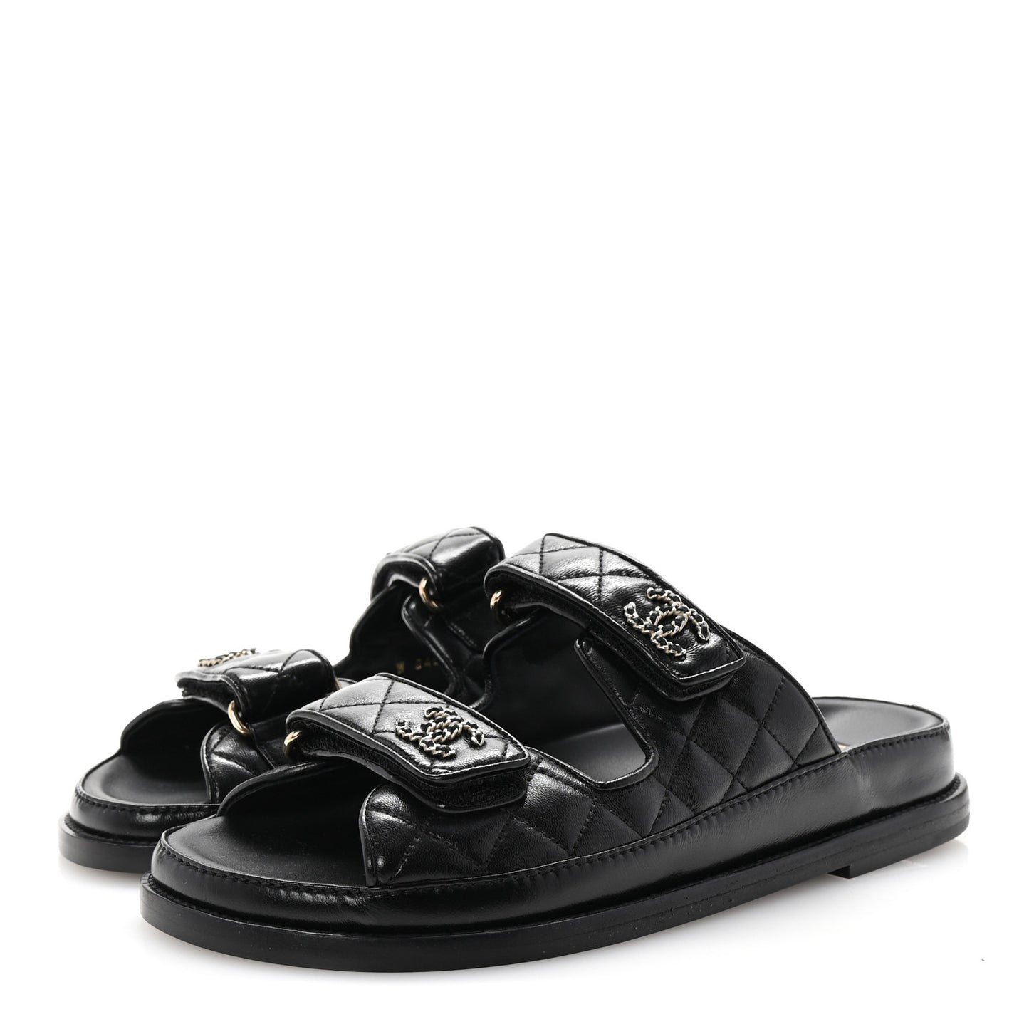 Lambskin Quilted Velcro Dad Chain CC Slide Sandals 37.5 Black