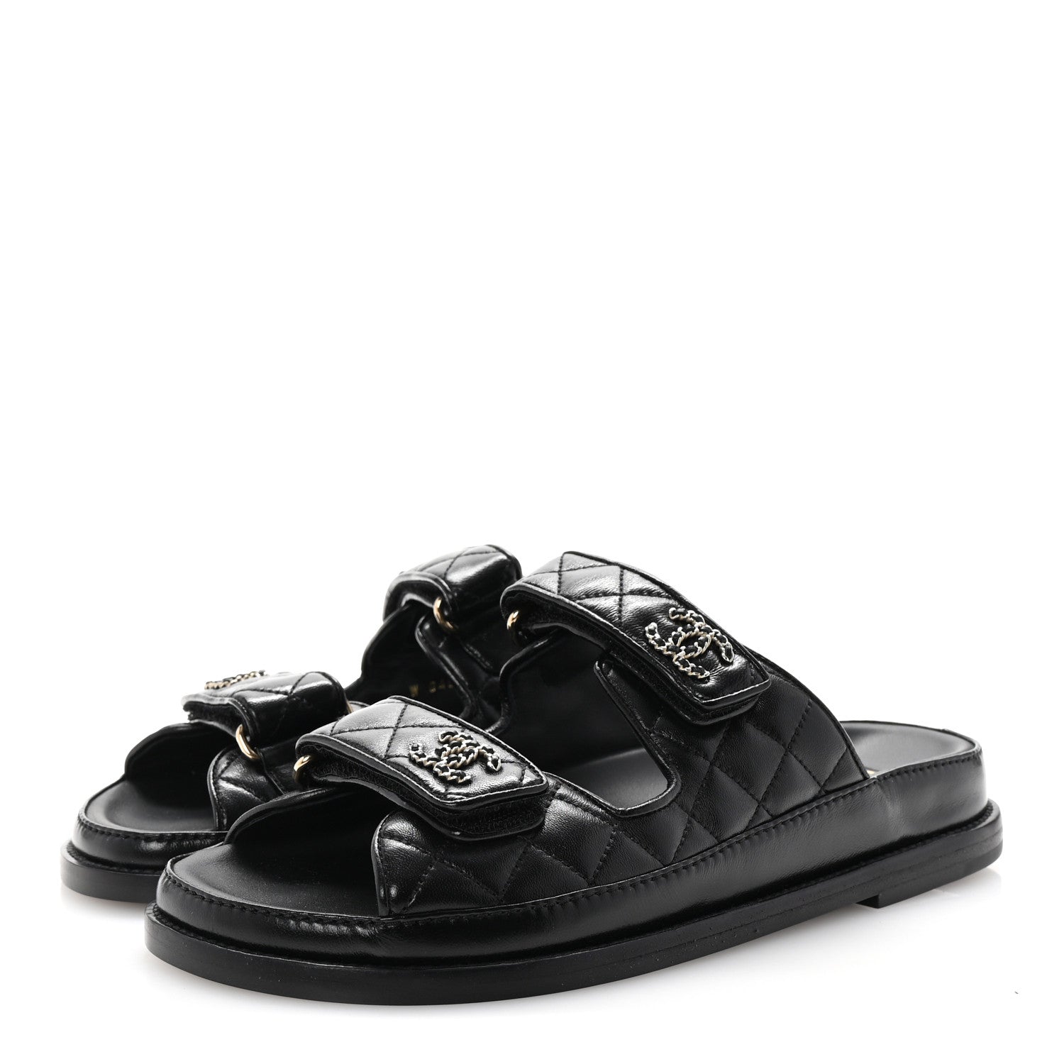 Chanel Lambskin Quilted Velcro Dad Chain CC Slide Sandals 37.5 Black 4 of 10