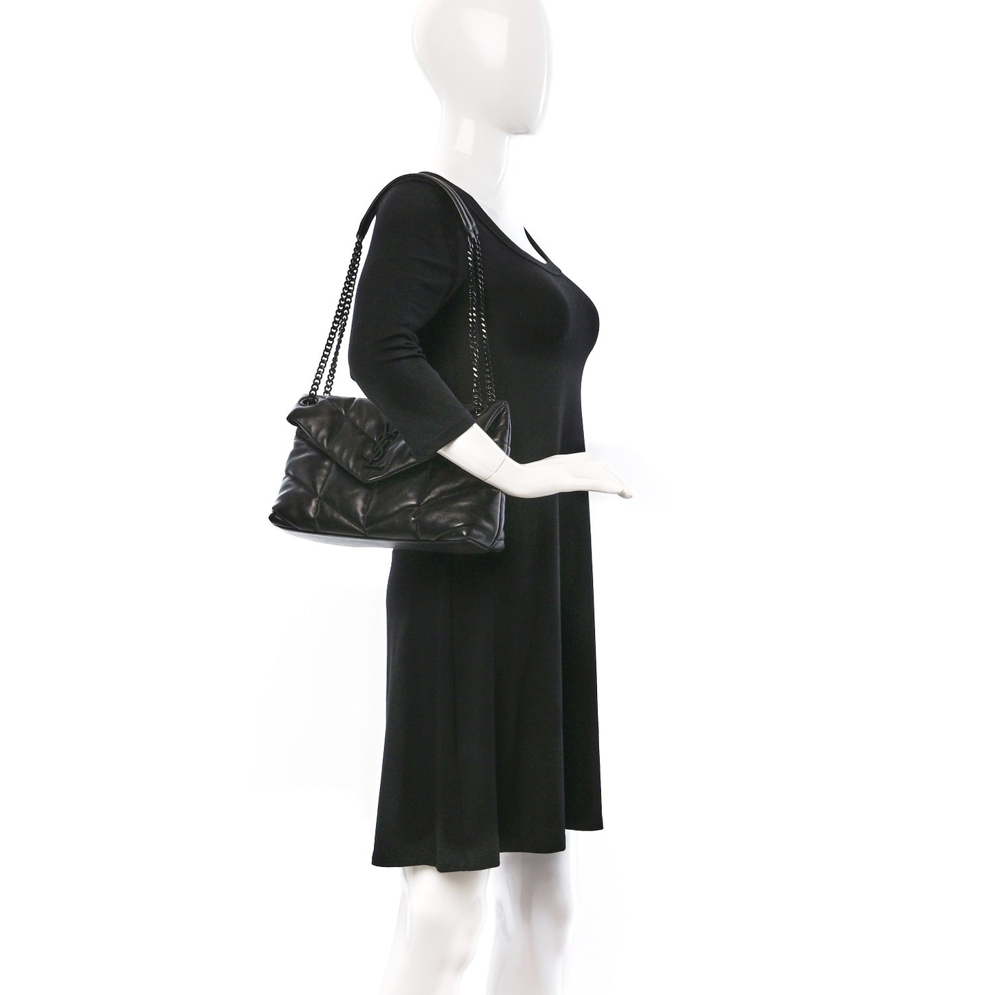 Lambskin Quilted Monogram Monochrome Small Loulou Puffer Chain Satchel Black