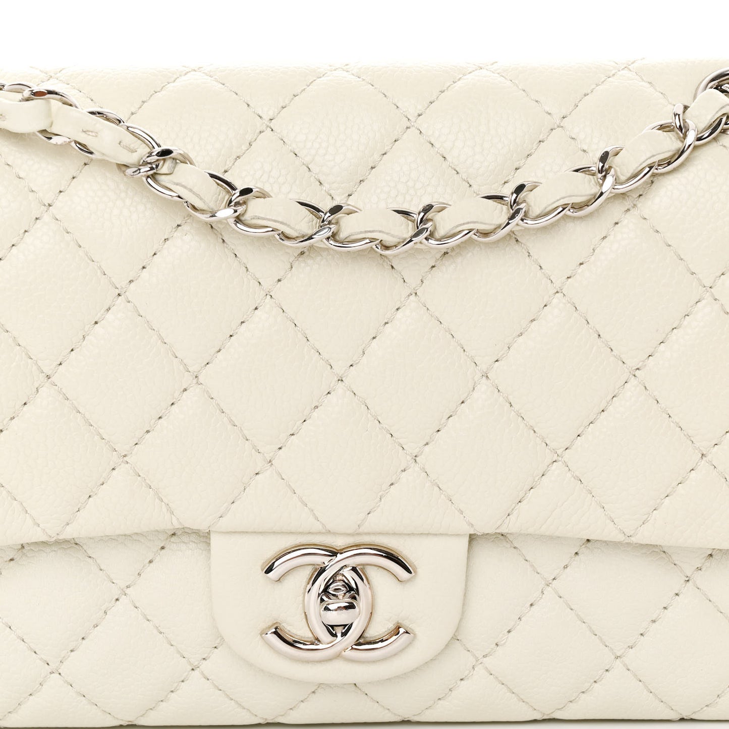 Washed Caviar Quilted Medium Double Flap White