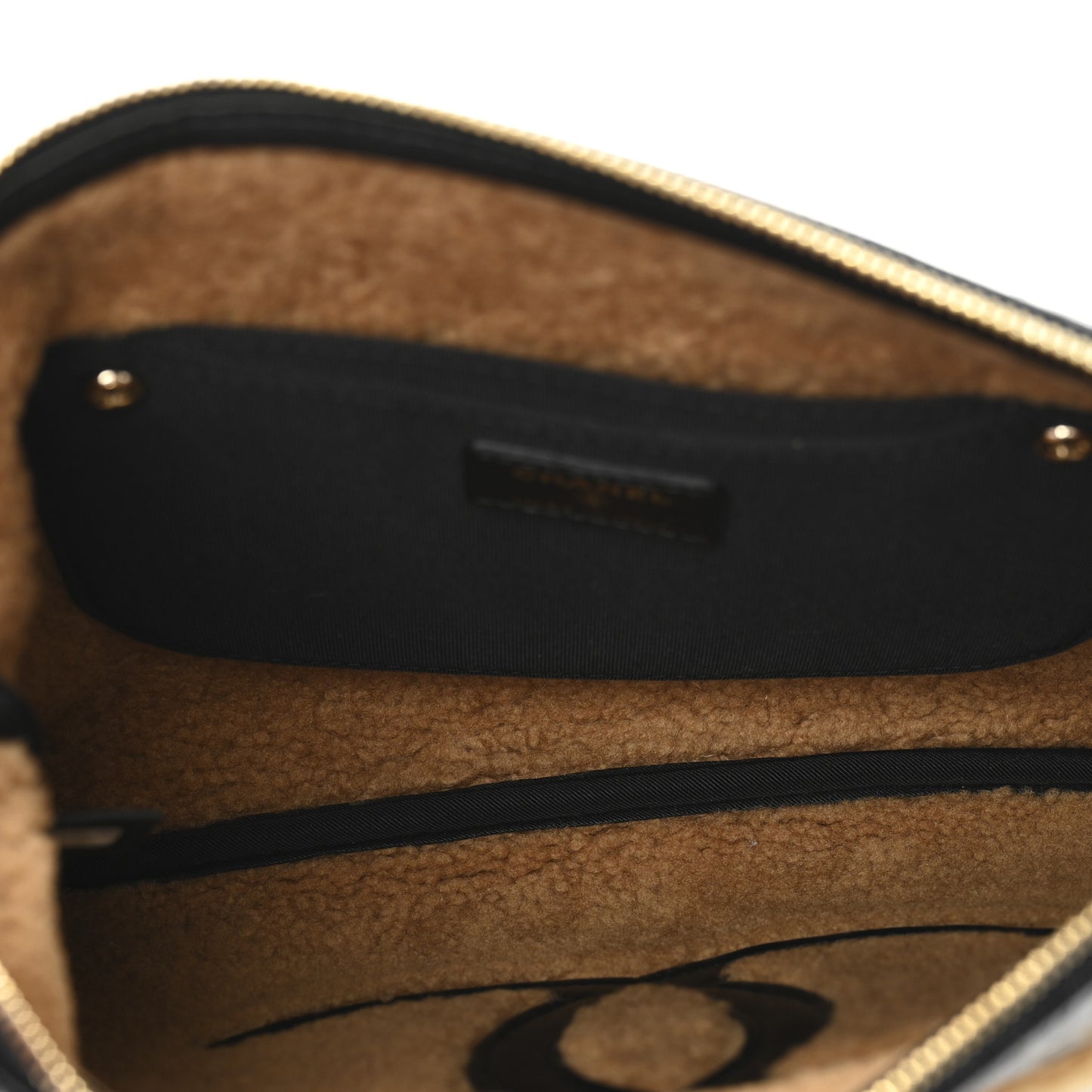 Shiny Crumpled Sheepskin Shearling CC Mania Zip Pouch Black Beige