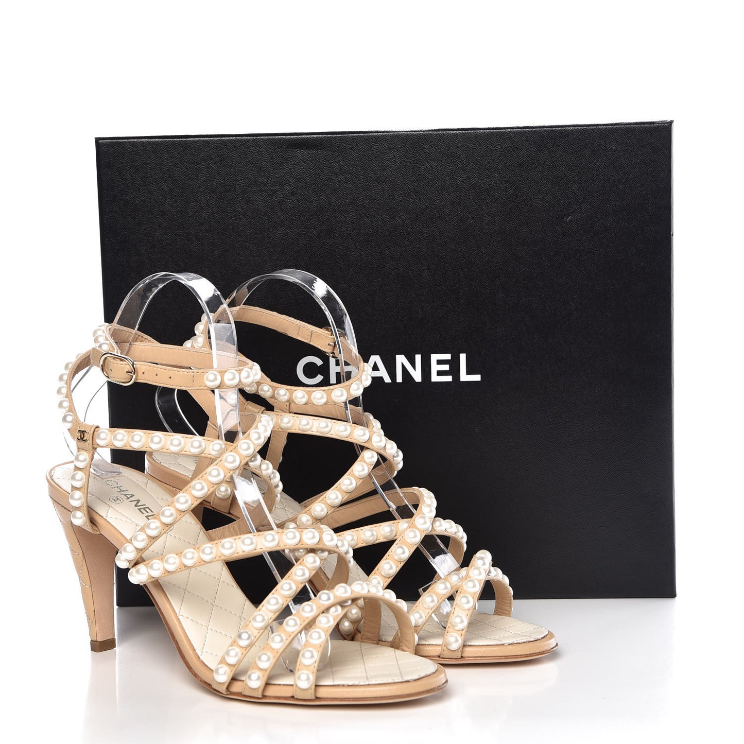 Goatskin Quilted Pearl Sandals 38 Beige