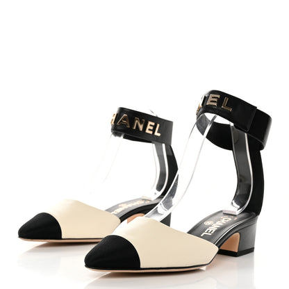 Chanel Lambskin Grosgrain Cap Toe Logo Ankle Strap Pumps 36.5 White Black 3 of 9