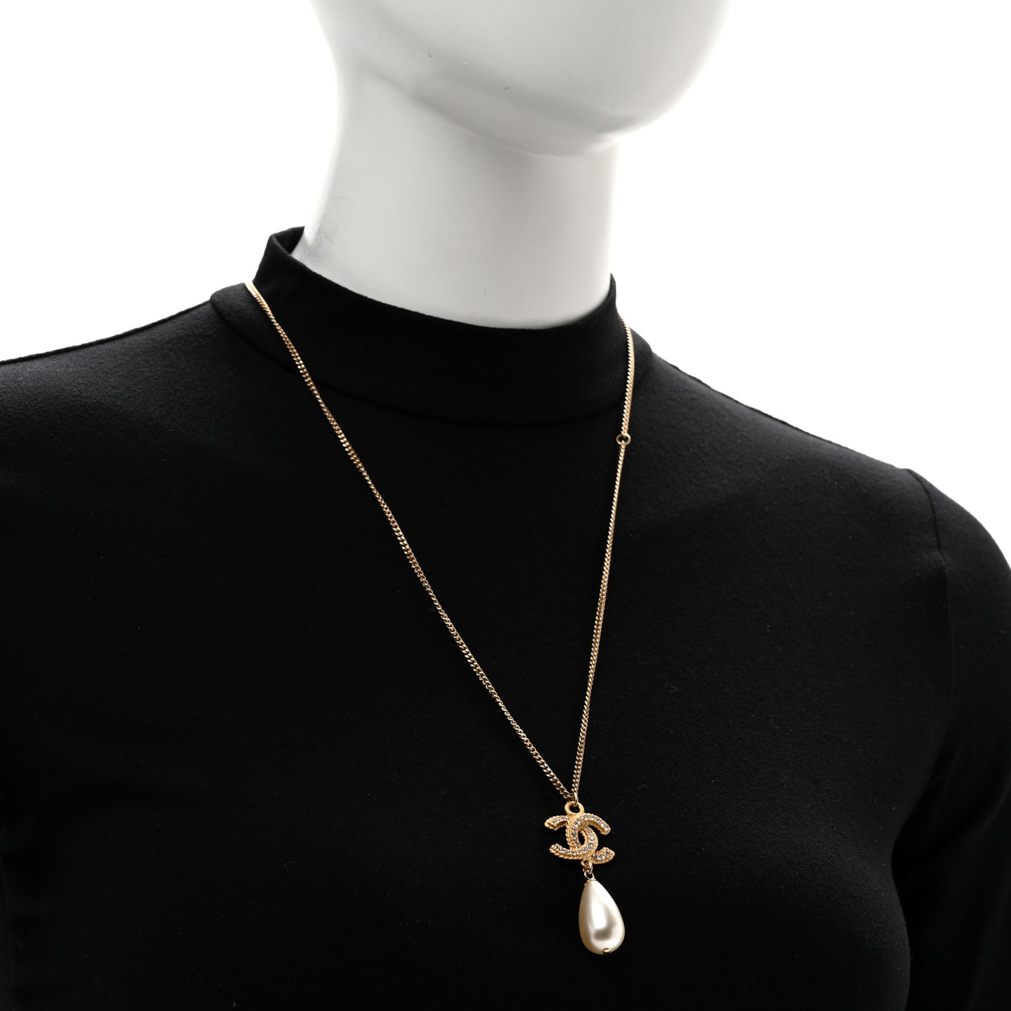 Crystal Pearl CC Drop Necklace Gold