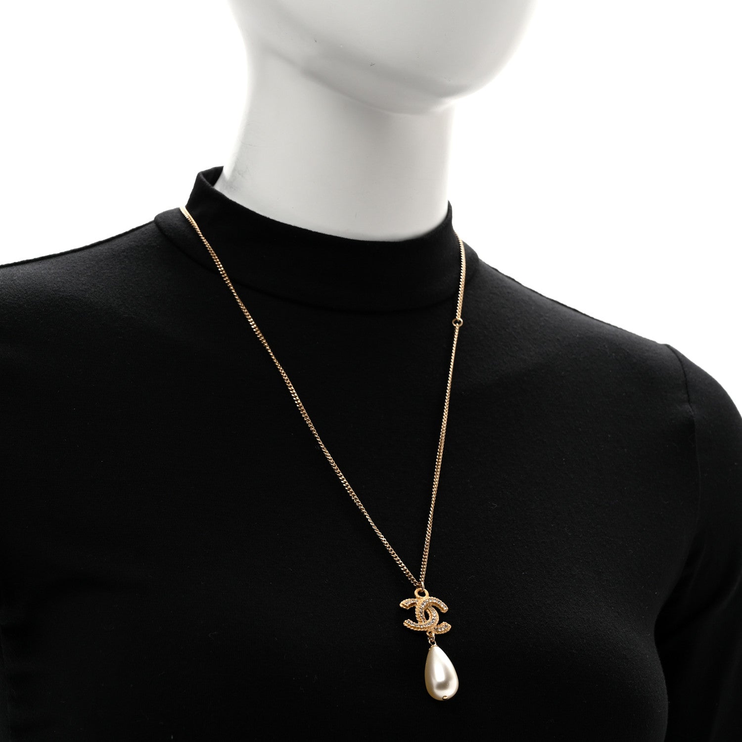 Chanel Crystal Pearl CC Drop Necklace Gold 2 of 6