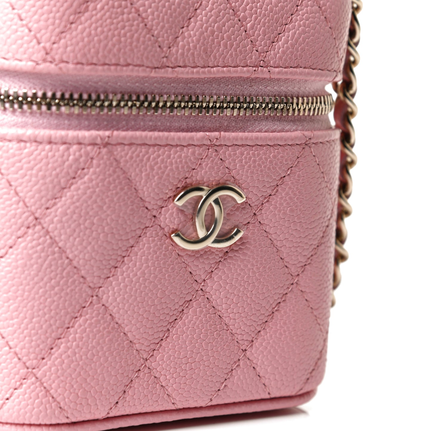 Caviar Quilted Small Handle With Care Vanity Case With Chain Pink