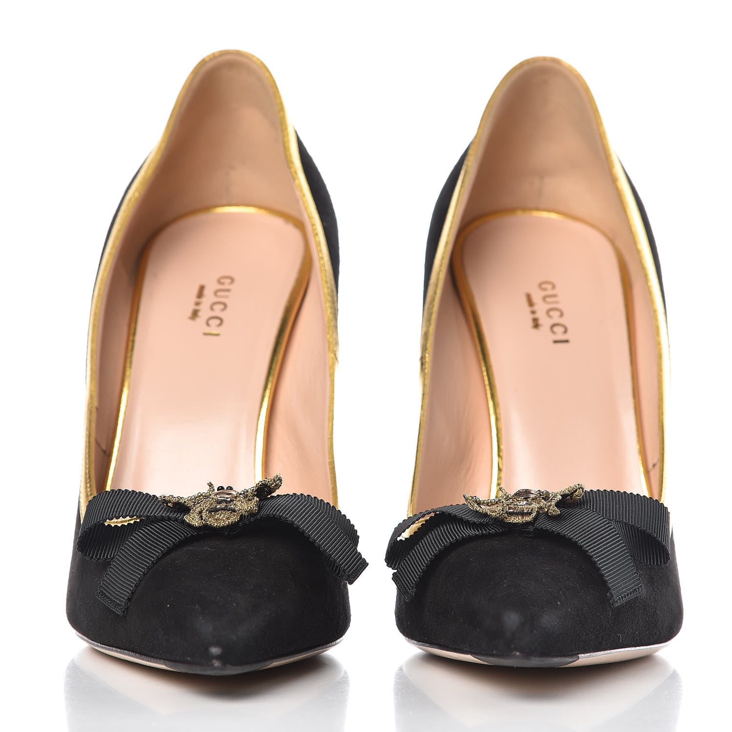 Gucci Suede Calfskin Embroidered Bee Bow Pumps 38 Black 3 of 13