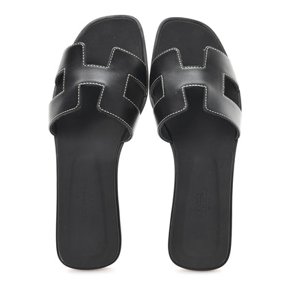 Hermes Box Calfskin Oran Sandals 37.5 Black 2 of 10