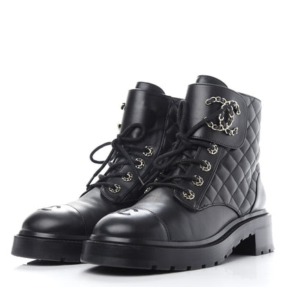 Chanel Lambskin Calfskin Quilted Lace Up Combat Boots 40 Black 3 of 13