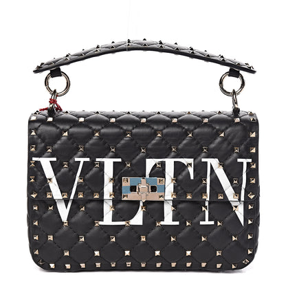Valentino Garavani Lambskin VLTN Print Medium Rockstud Spike Shoulder Bag Black 1 of 16