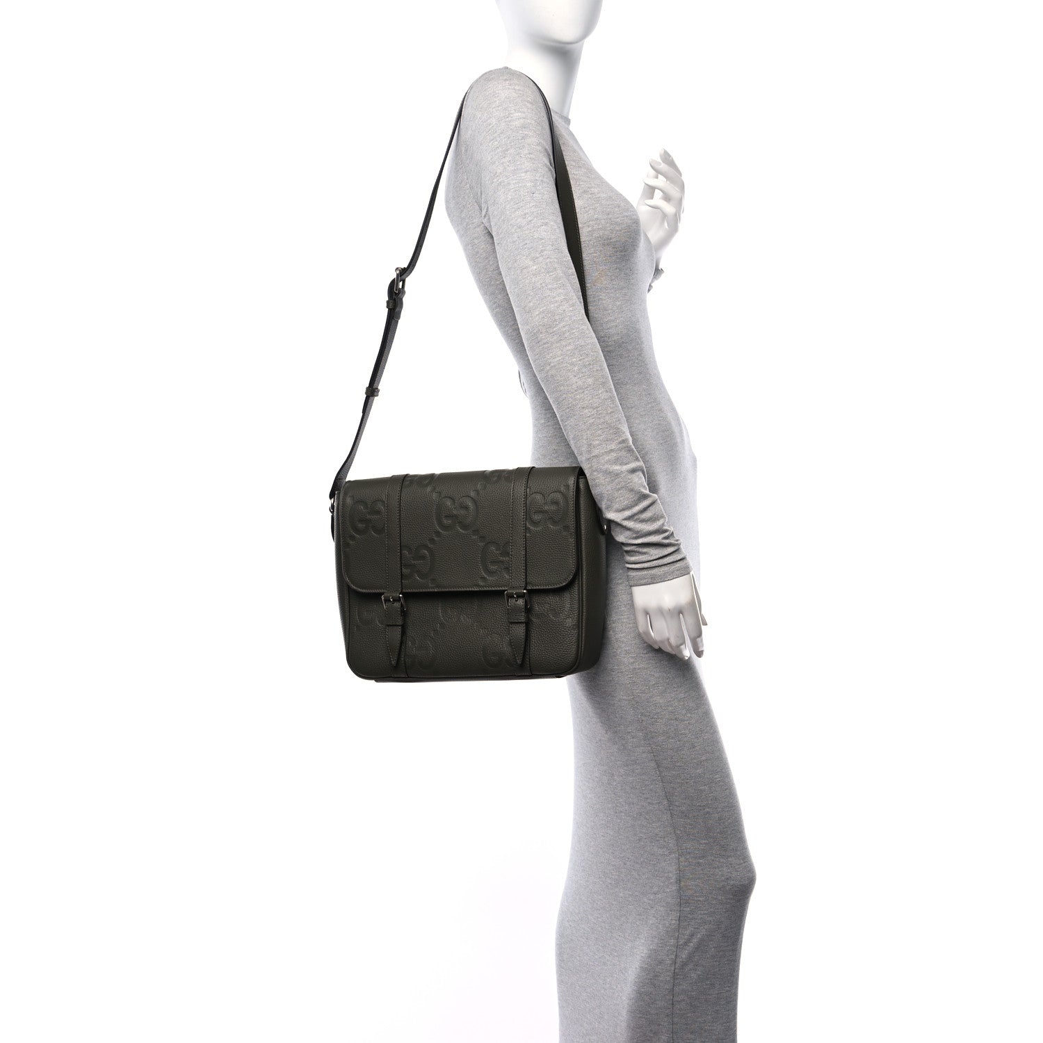 Gucci Calfskin Jumbo GG Embossed Double Buckle Medium Messenger Bag Dark Vintage Olive 2 of 10
