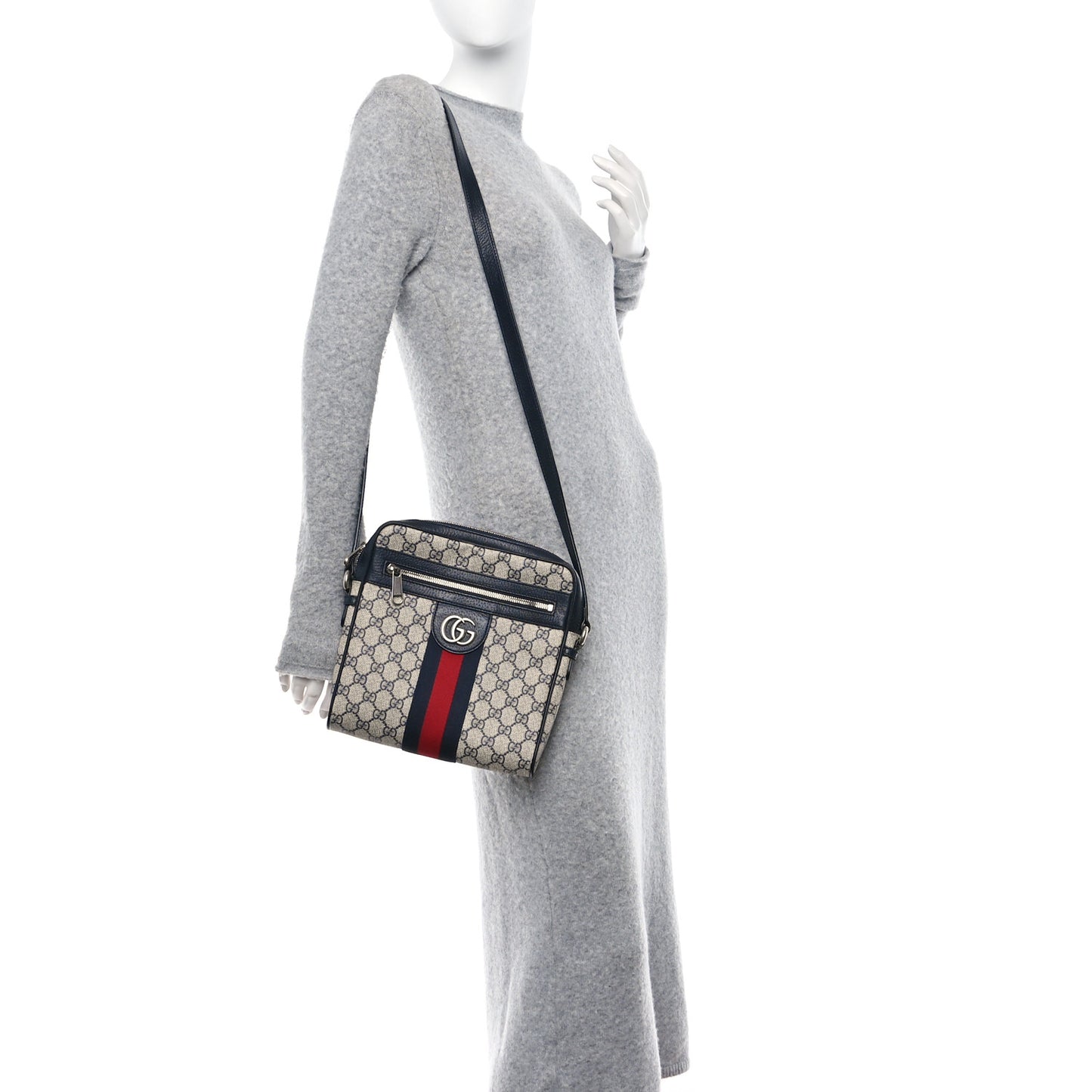 GG Supreme Monogram Textured Dollar Calfskin Web Small Ophidia Messenger Bag Beige Blue