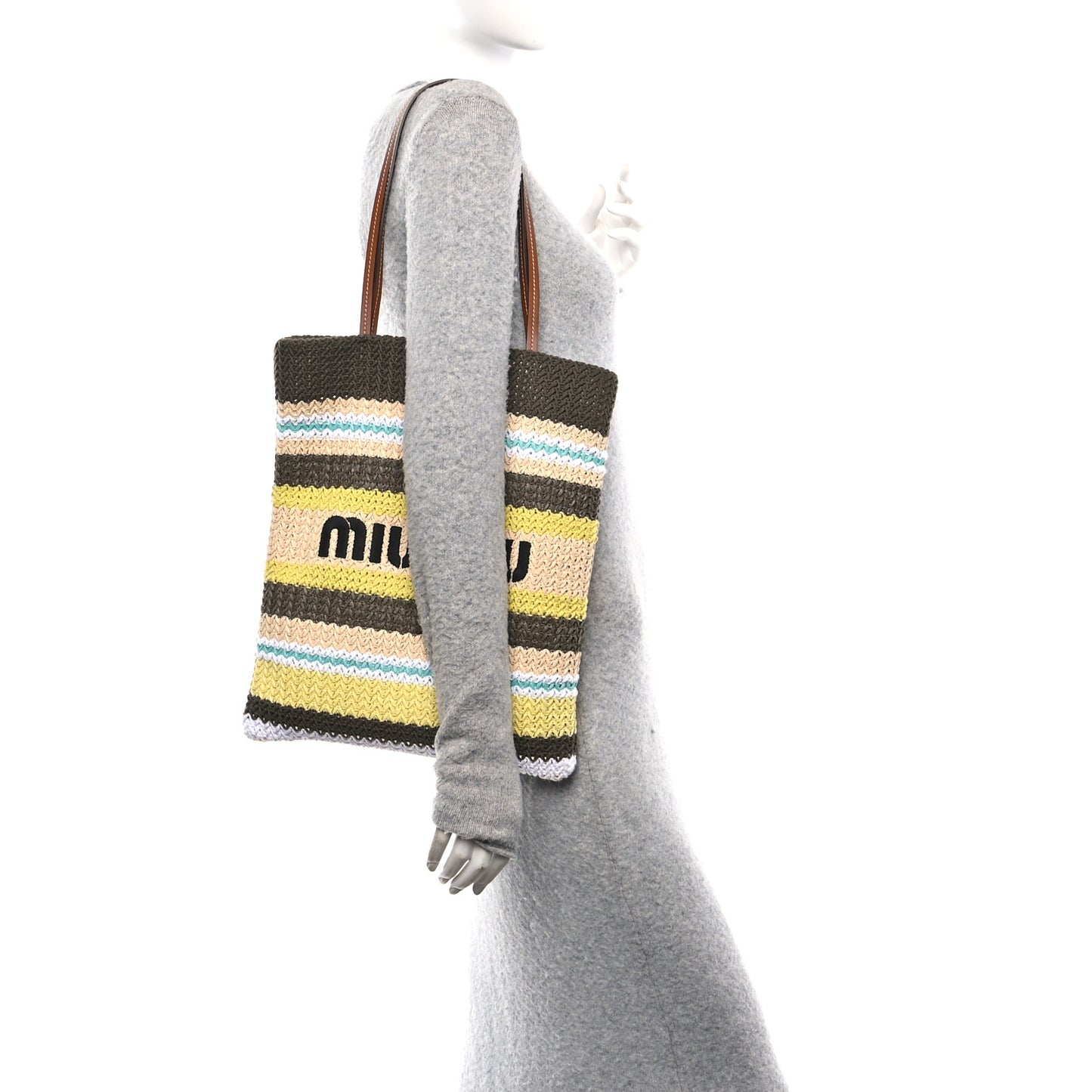 Raffia Crochet Stripe Vertical Tote Bag Tundra Limone Natural