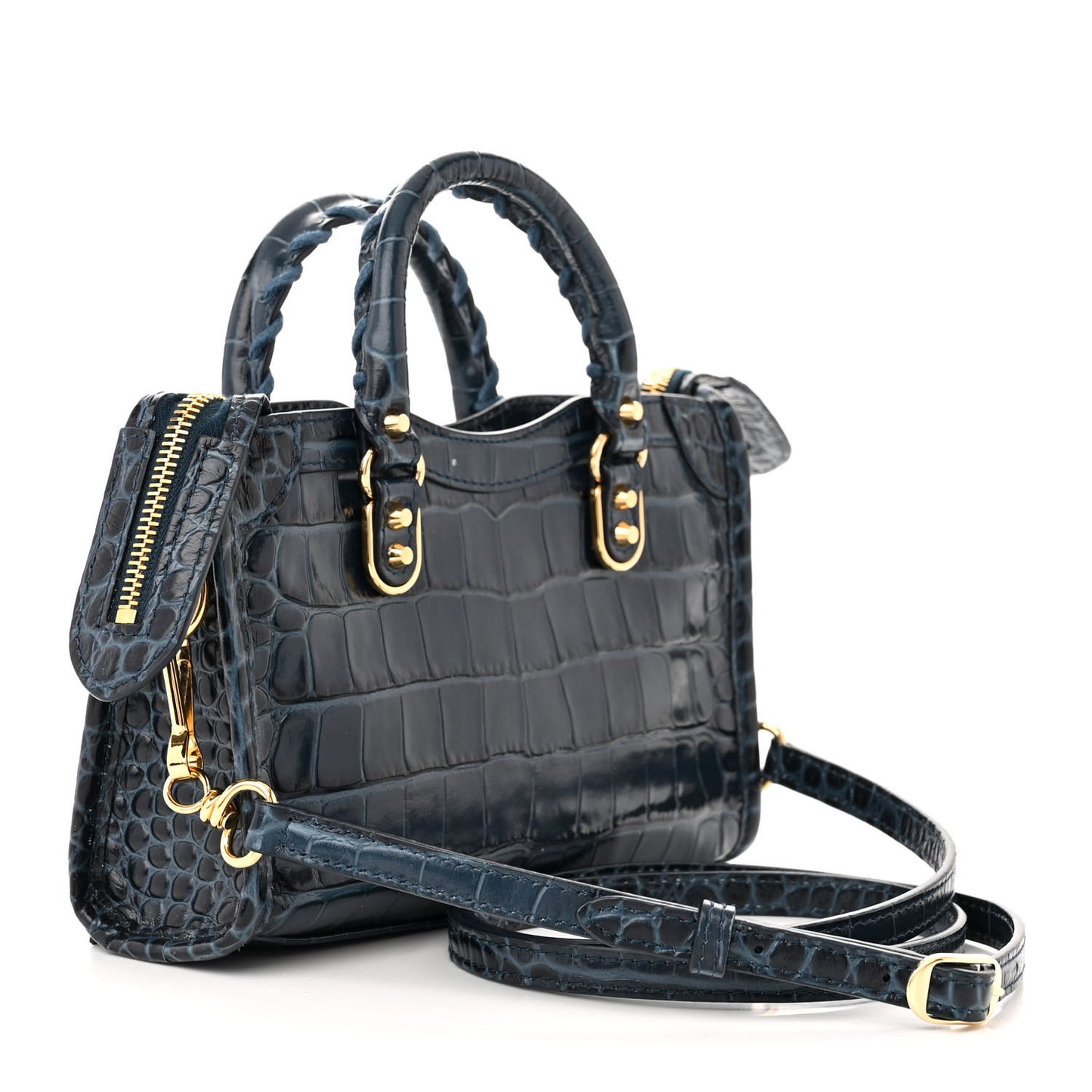 Shiny Supple Calfskin Crocodile Embossed Gold Metallic Edge Hardware Nano City Denim Blue