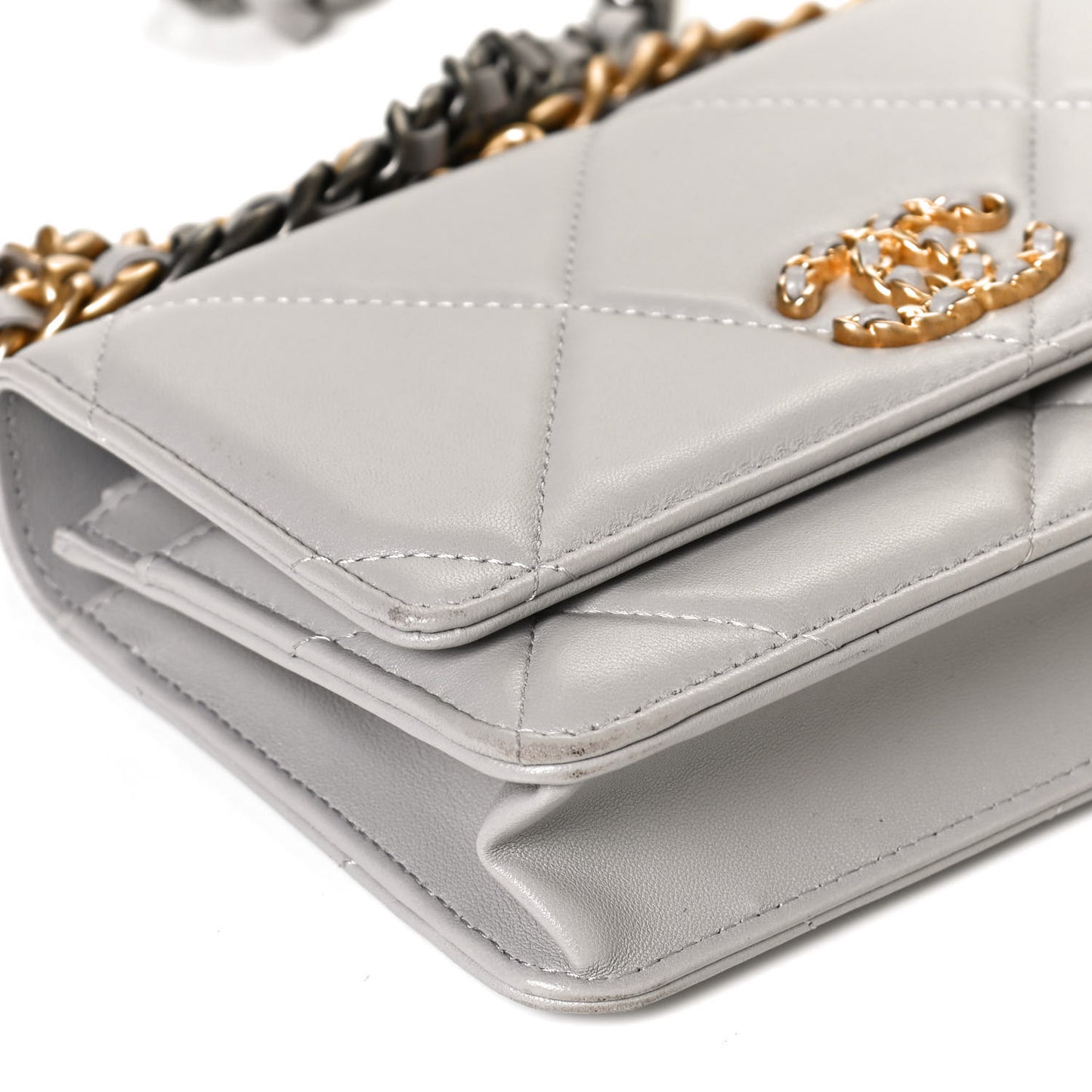 Lambskin Quilted Chanel 19 Wallet On Chain WOC Grey
