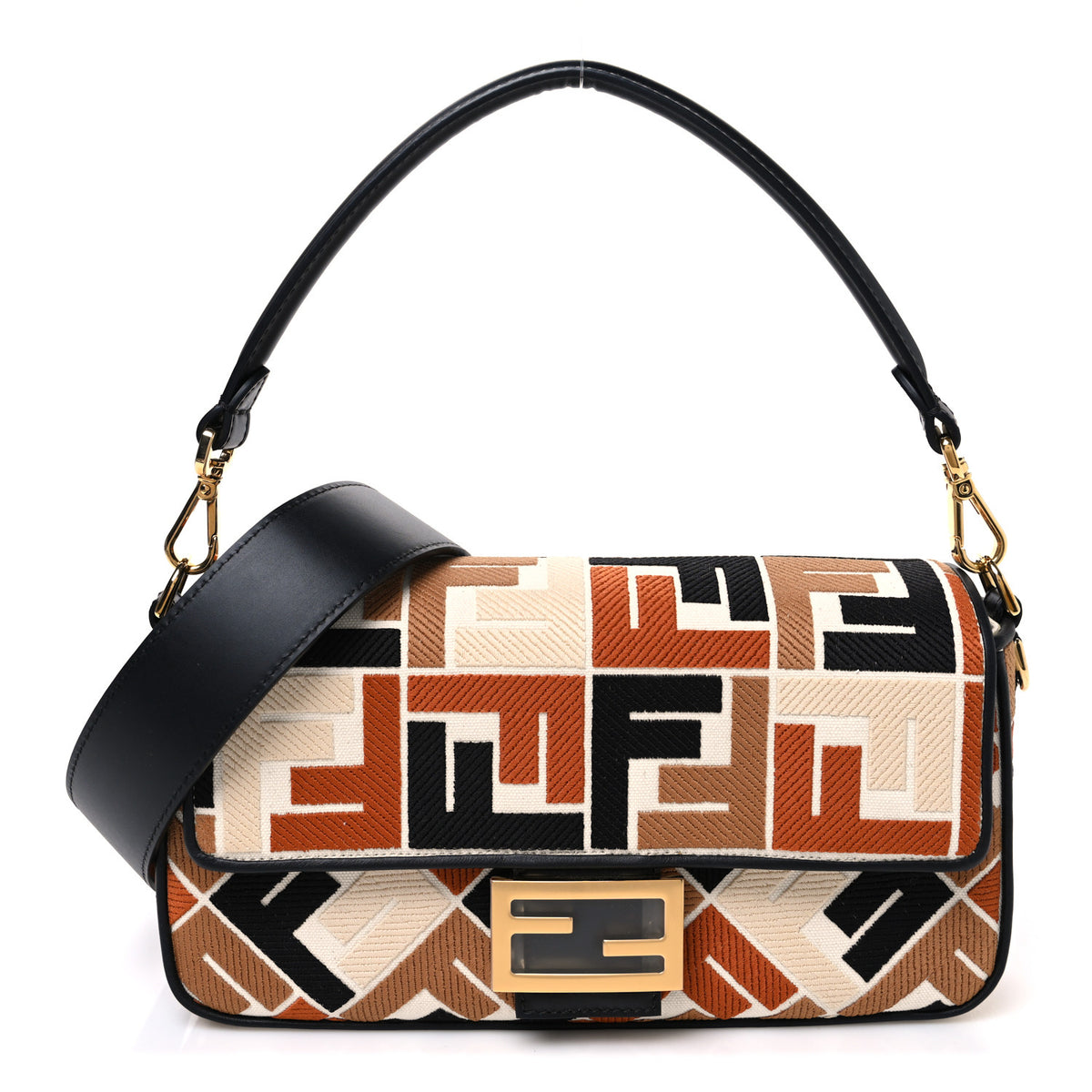 Fendi Canvas Vitello Seta FF Embroidered Baguette Brandy Black 1 of 11