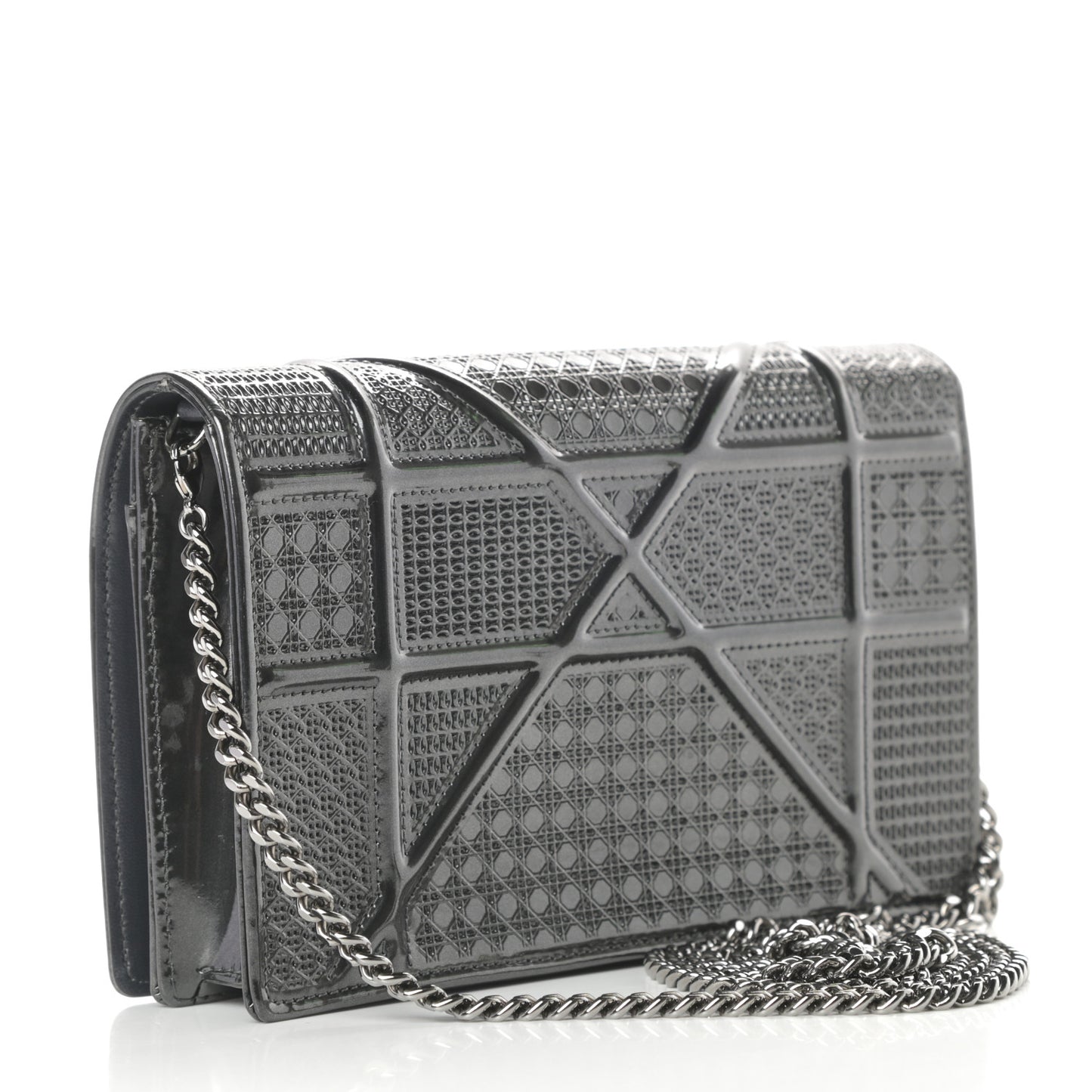 Metallic Patent Micro-Cannage Diorama Wallet on Chain Pouch Onyx Black