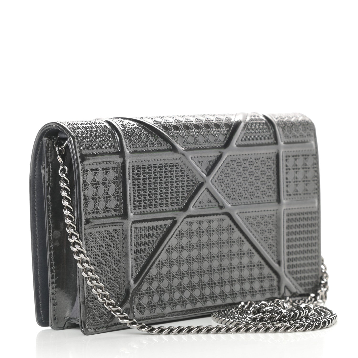 Christian Dior Metallic Patent Micro-Cannage Diorama Wallet on Chain Pouch Onyx Black 3 of 14