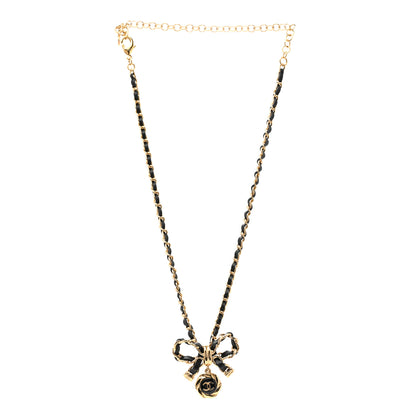Chanel Metal Lambskin Chain CC Bow Necklace Black Gold 3 of 6