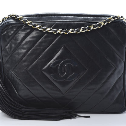 Chanel Lambskin Chevron Quilted Tassel Camera Case Black 9 of 14