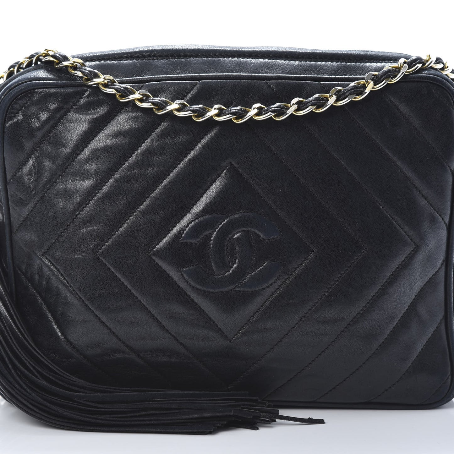 Lambskin Chevron Quilted Tassel Camera Case Black