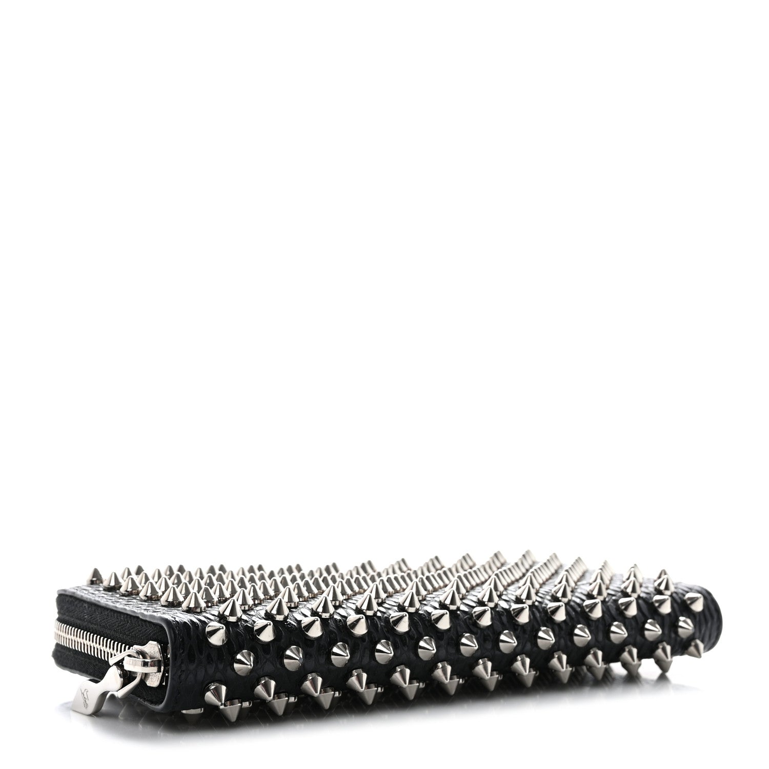 Christian Louboutin Calfskin Snakeskin Embossed Panettone Spiked Zip Around Wallet Black 4 of 12