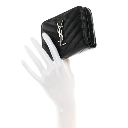 Saint Laurent Grain De Poudre Matelasse Chevron Monogram Compact Zip Around Wallet Black 2 of 7