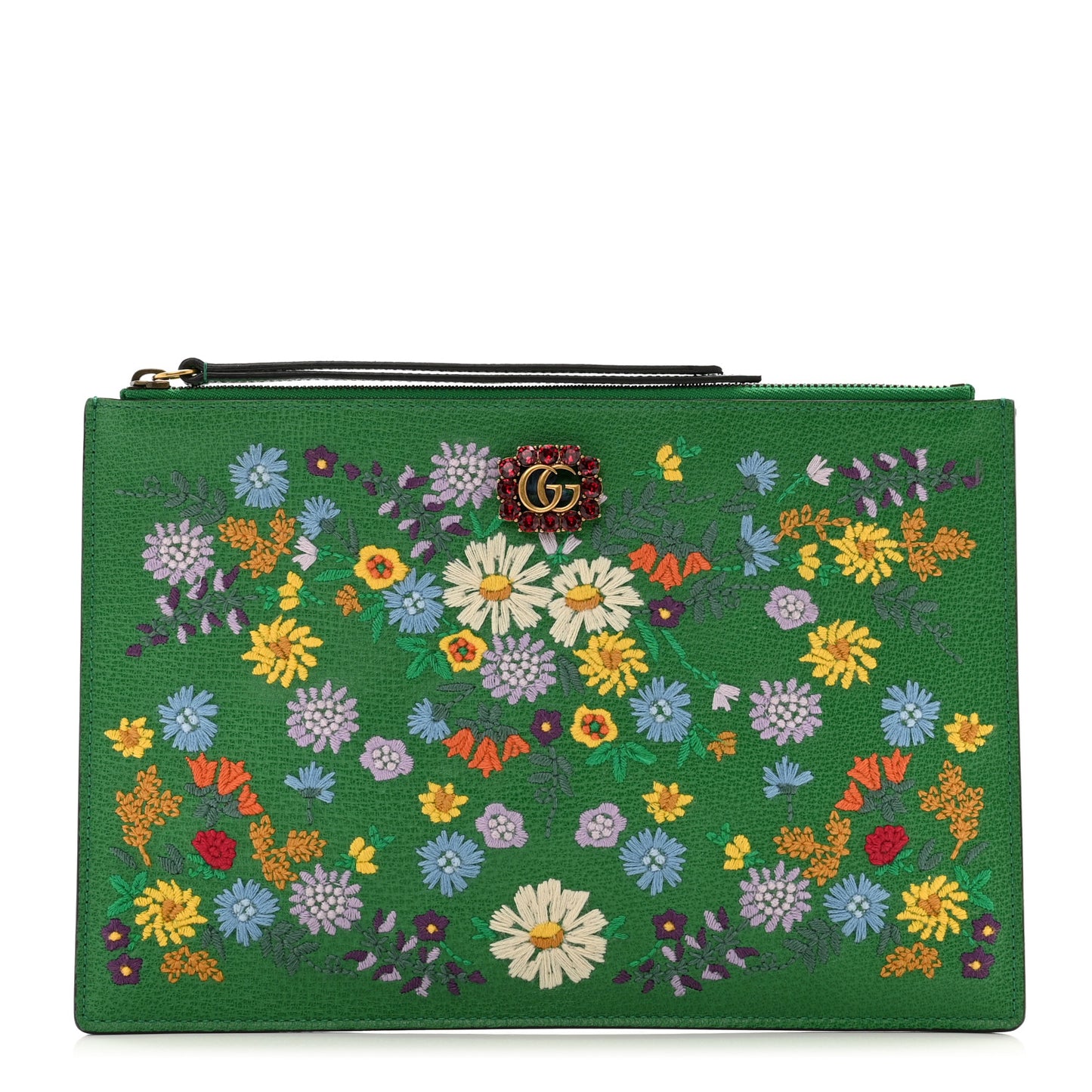 Textured Calfskin Crystal Fiori Floral Embroidered GG Zip Pouch Grass Green