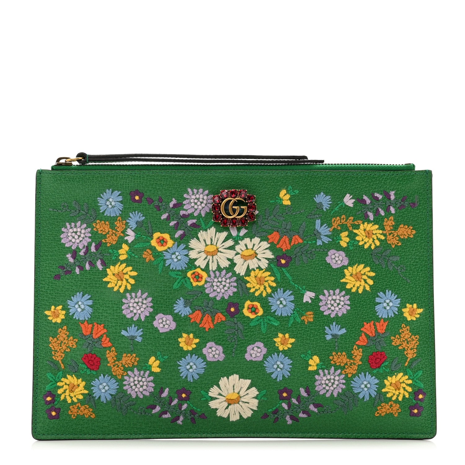 Gucci Textured Calfskin Crystal Fiori Floral Embroidered GG Zip Pouch Grass Green 1 of 7
