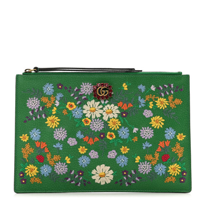 Gucci Textured Calfskin Crystal Fiori Floral Embroidered GG Zip Pouch Grass Green 1 of 7