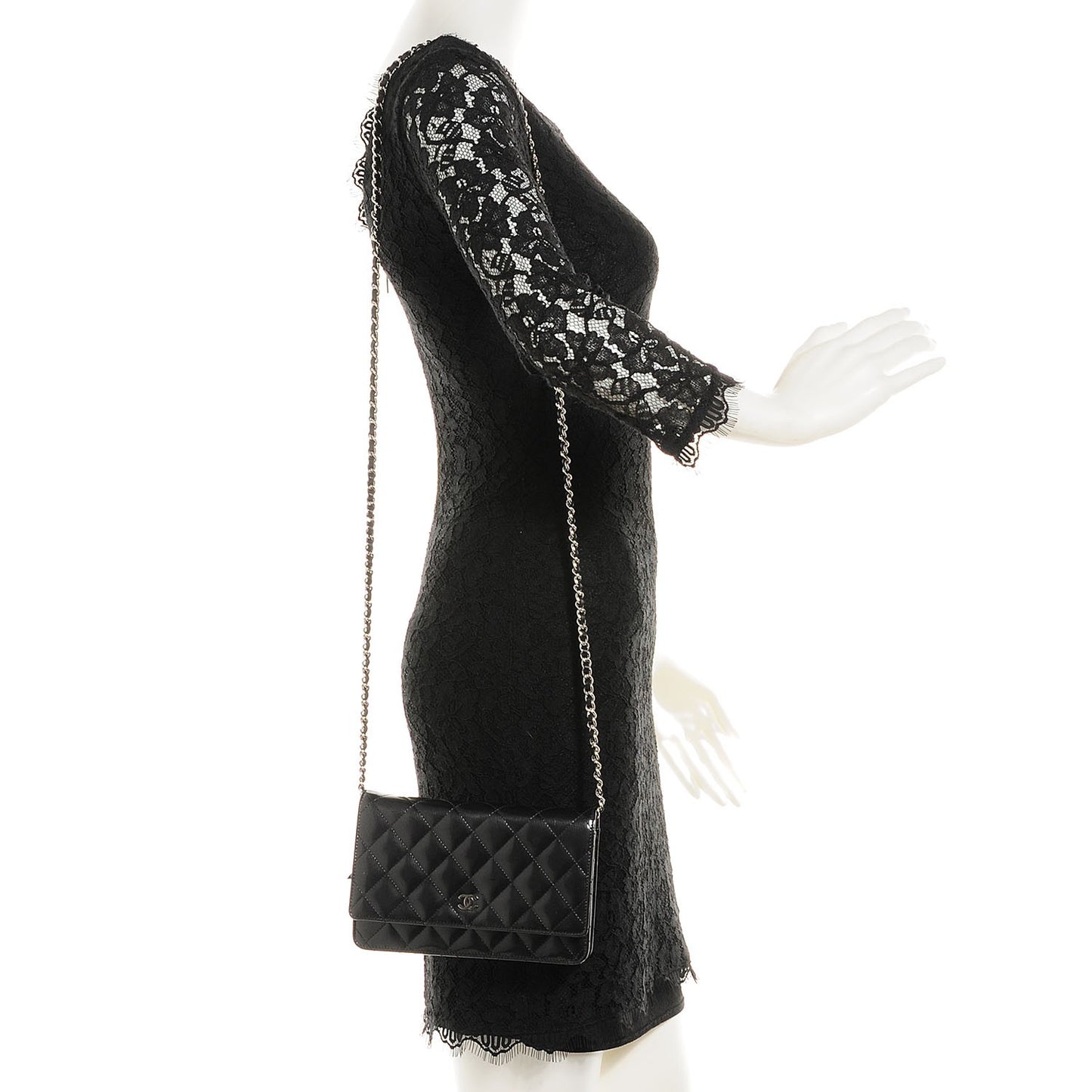Striated Patent Quilted Wallet on Chain WOC Black