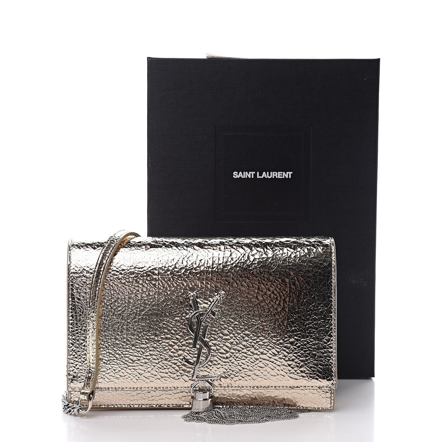 Metallic Crackled Calfskin Kate Monogram Tassel Chain Wallet Gold