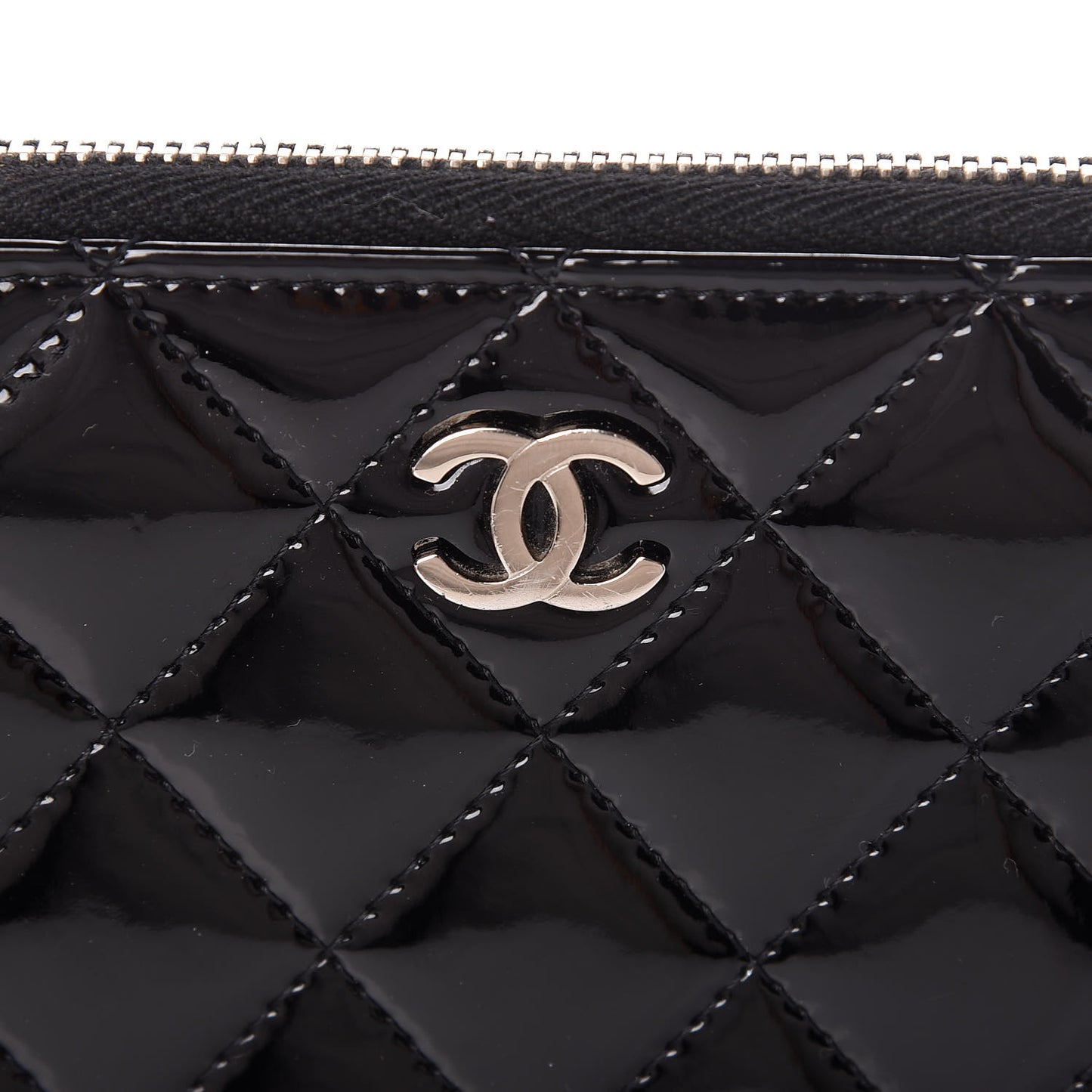 Patent Quilted Zip Around Wallet Black