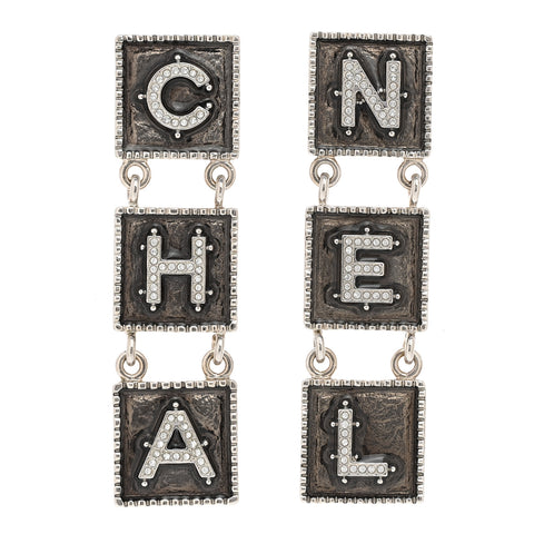 Metal Crystal Cha-Nel Logo Drop Earrings Silver