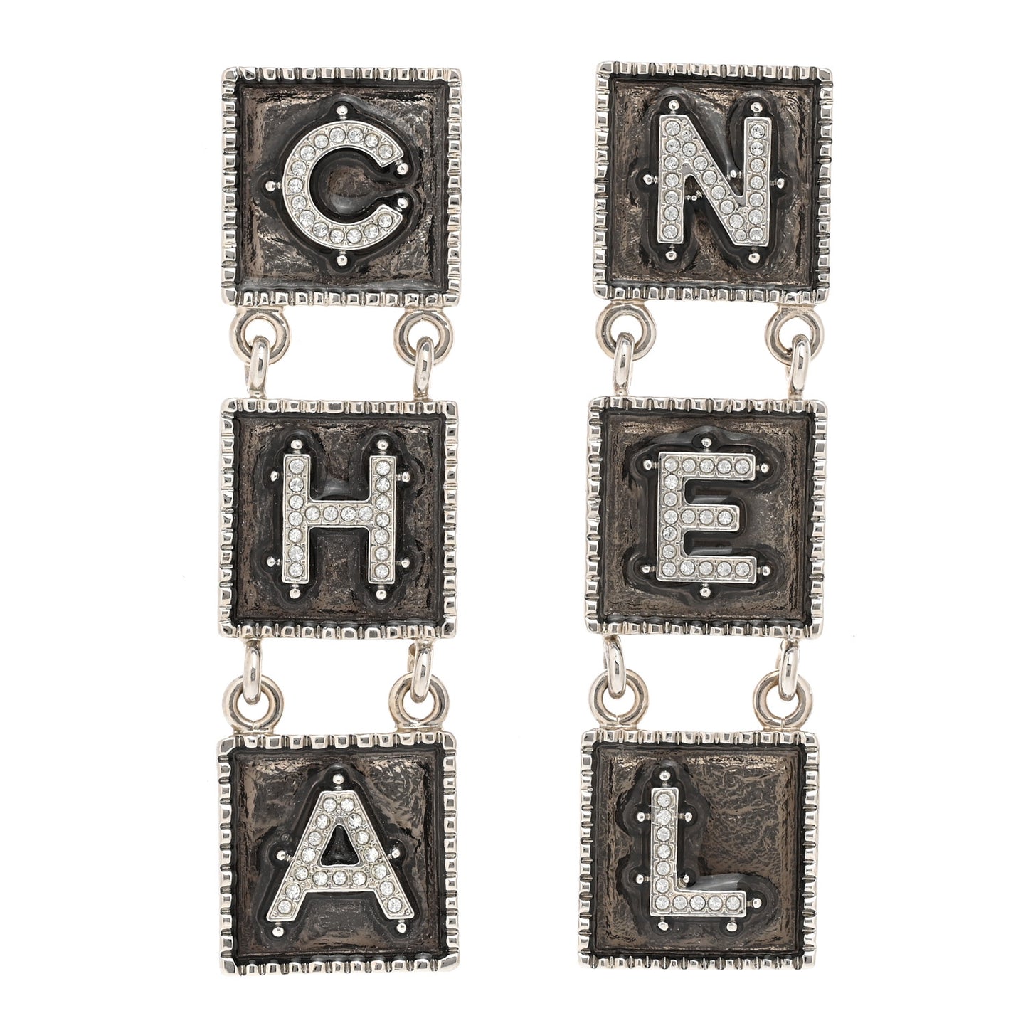 Metal Crystal Cha-Nel Logo Drop Earrings Silver