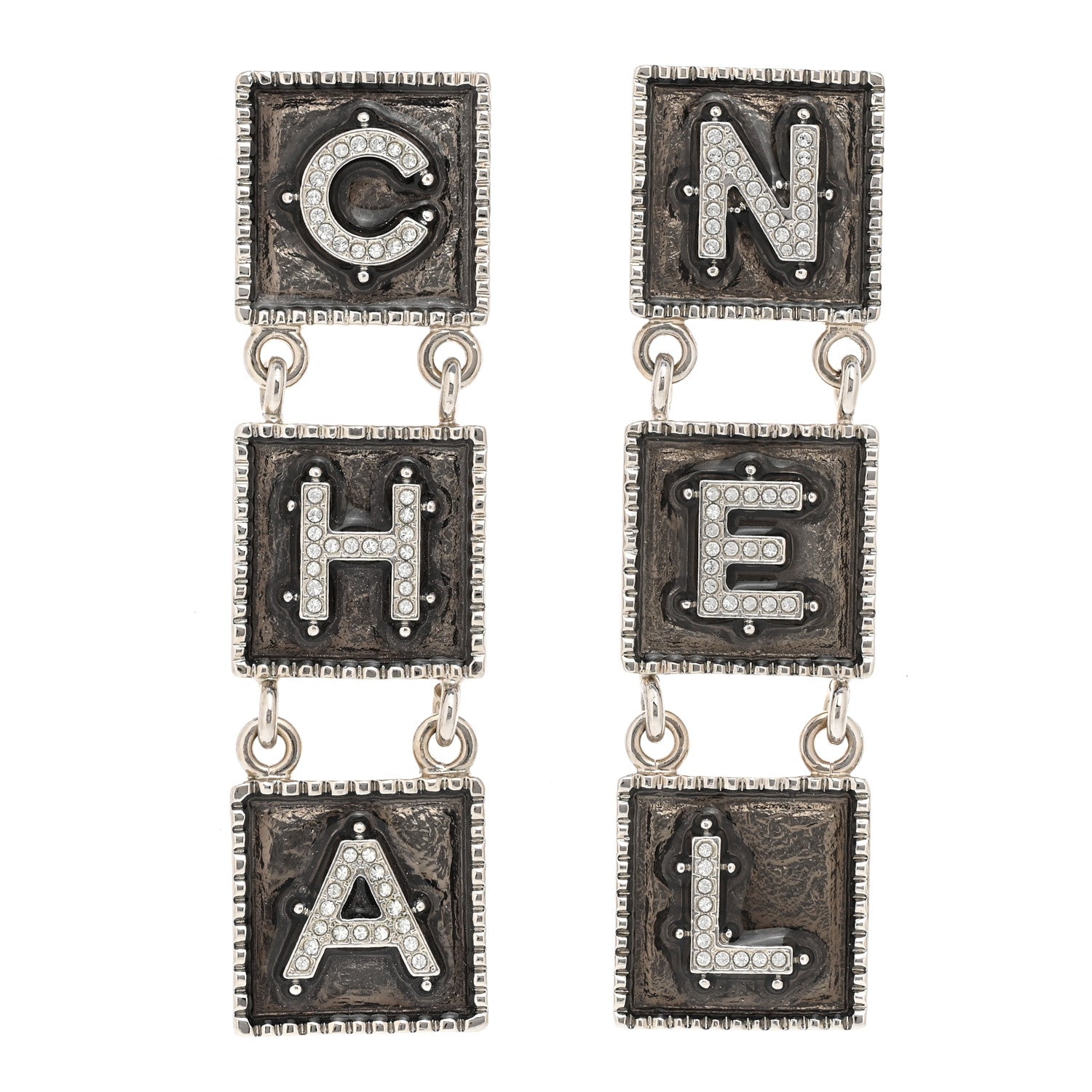 Chanel Metal Crystal Cha-Nel Logo Drop Earrings Silver 1 of 4