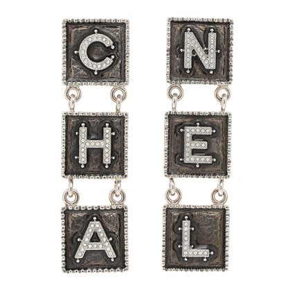 Chanel Metal Crystal Cha-Nel Logo Drop Earrings Silver 1 of 4