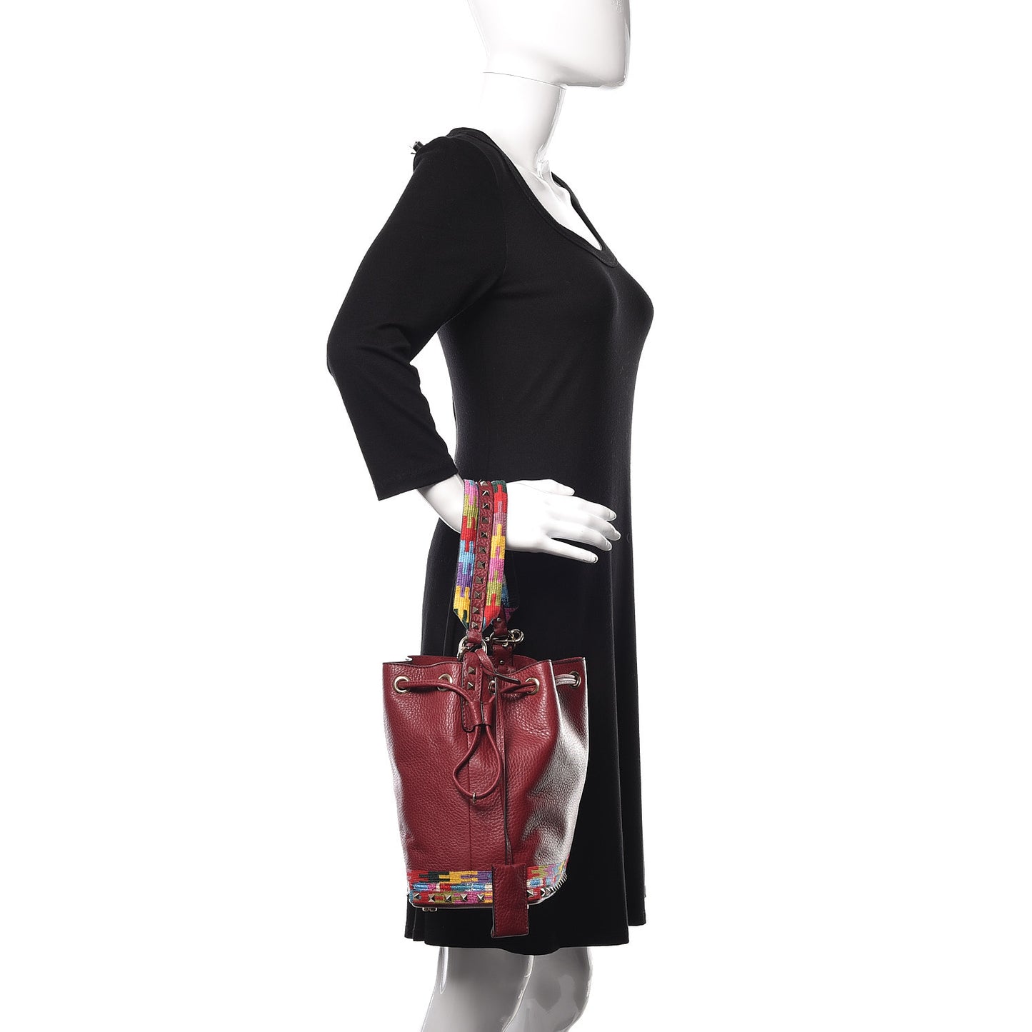 Pebbled Calfskin Embroidered Geo Bucket Bag Camelia