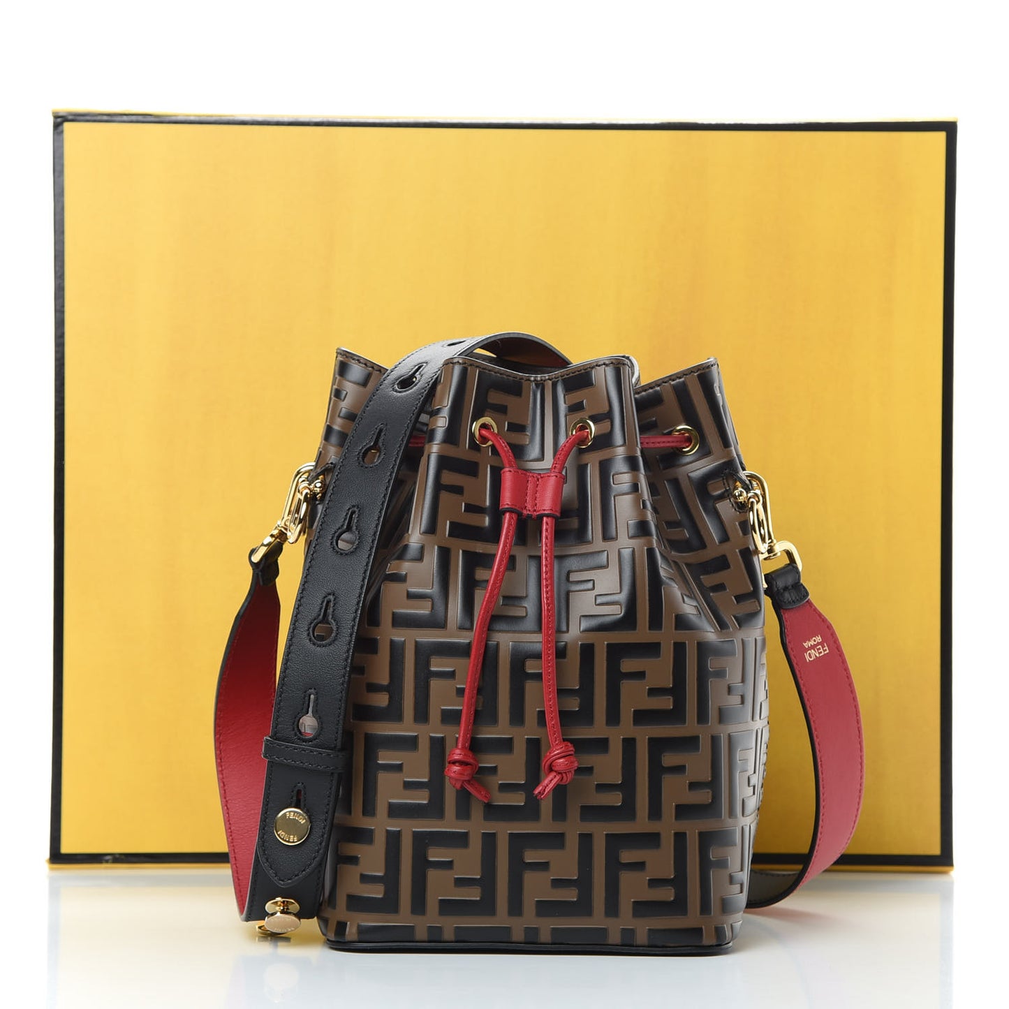 Vitello Grace F is Fendi Bi-Color FF 1974 Embossed Grande Mon Tresor Bucket Bag Maya Black Fragola