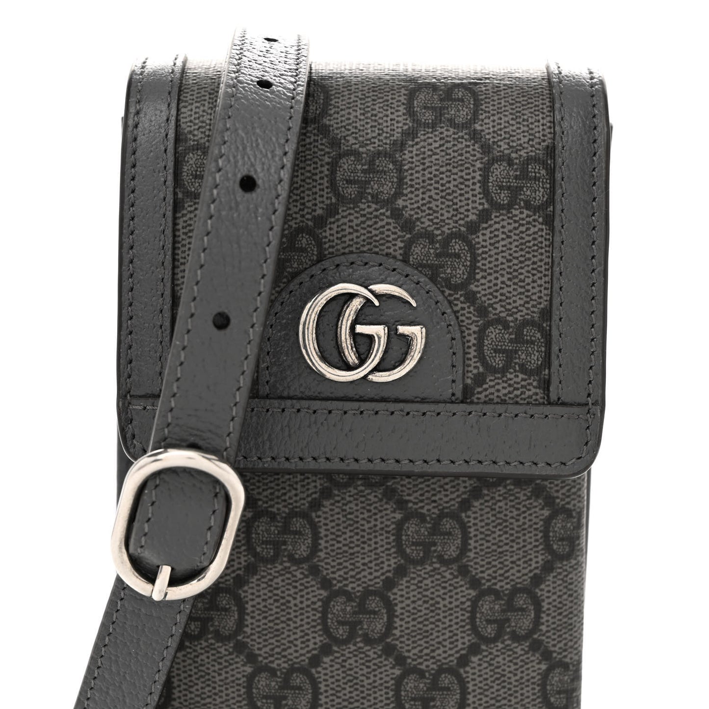 GG Supreme Monogram Textured Dollar Calfskin Phone Crossbody Bag Grey Black Graphite Grey