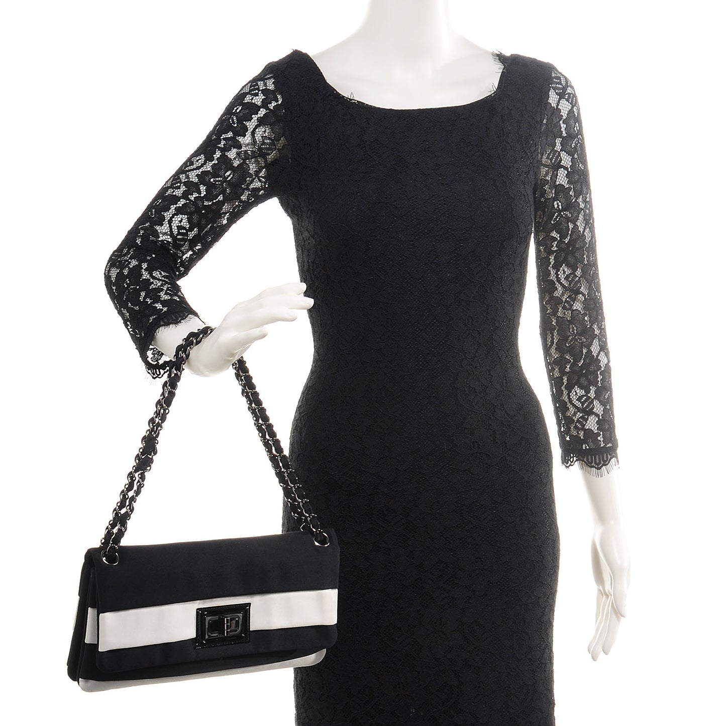 Grosgrain Stripy Mademoiselle Flap Bag Black White