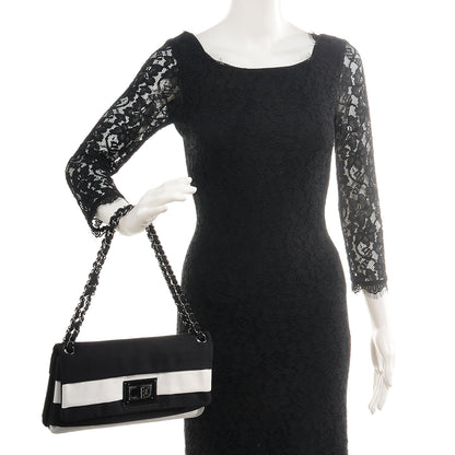 Chanel Grosgrain Stripy Mademoiselle Flap Bag Black White 2 of 7