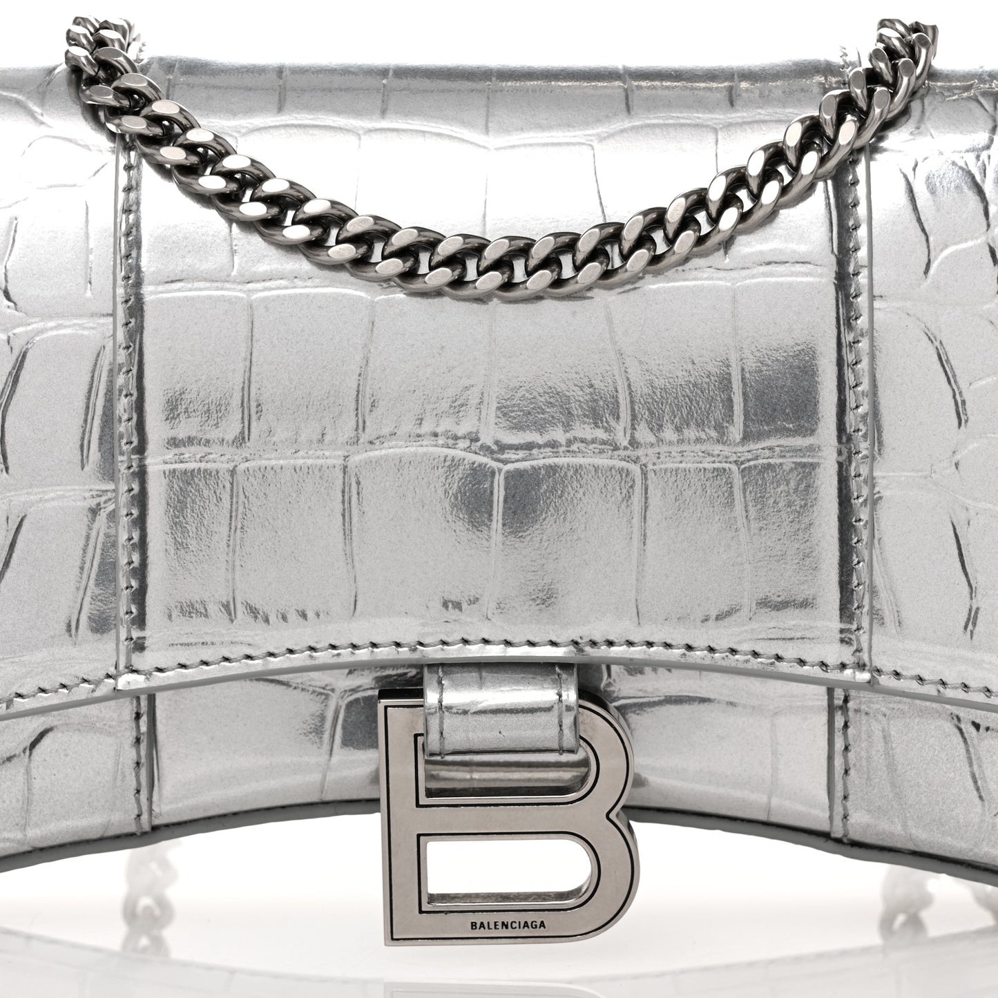 Metallic Calfskin Crocodile Embossed Hourglass Chain Bag Silver