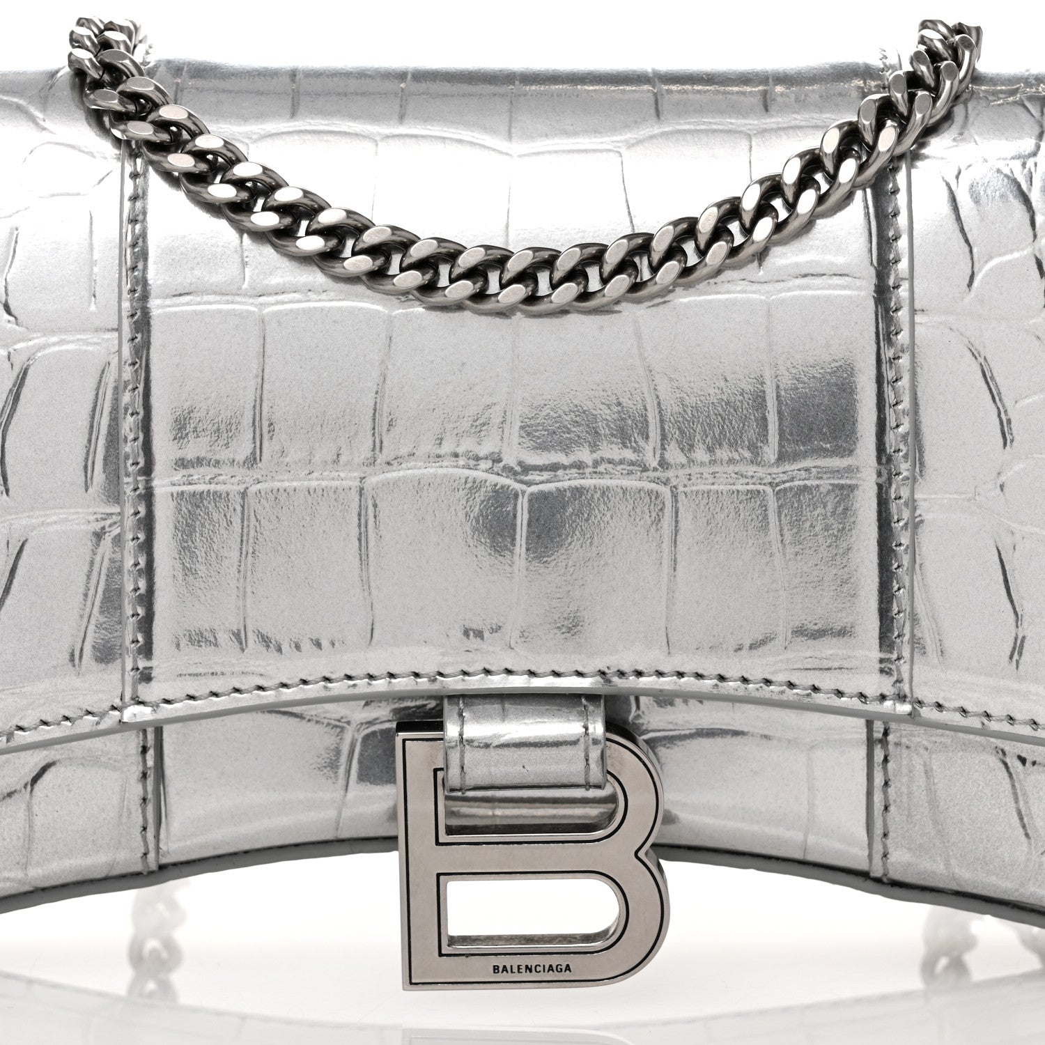 Balenciaga Metallic Calfskin Crocodile Embossed Hourglass Chain Bag Silver 7 of 10