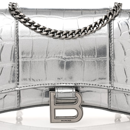 Balenciaga Metallic Calfskin Crocodile Embossed Hourglass Chain Bag Silver 7 of 10