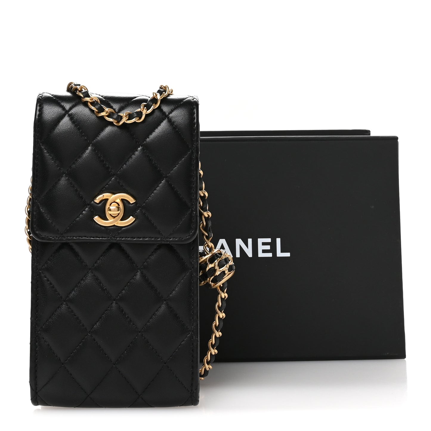 Lambskin Quilted Pearl Crush Phone Holder With Chain Black