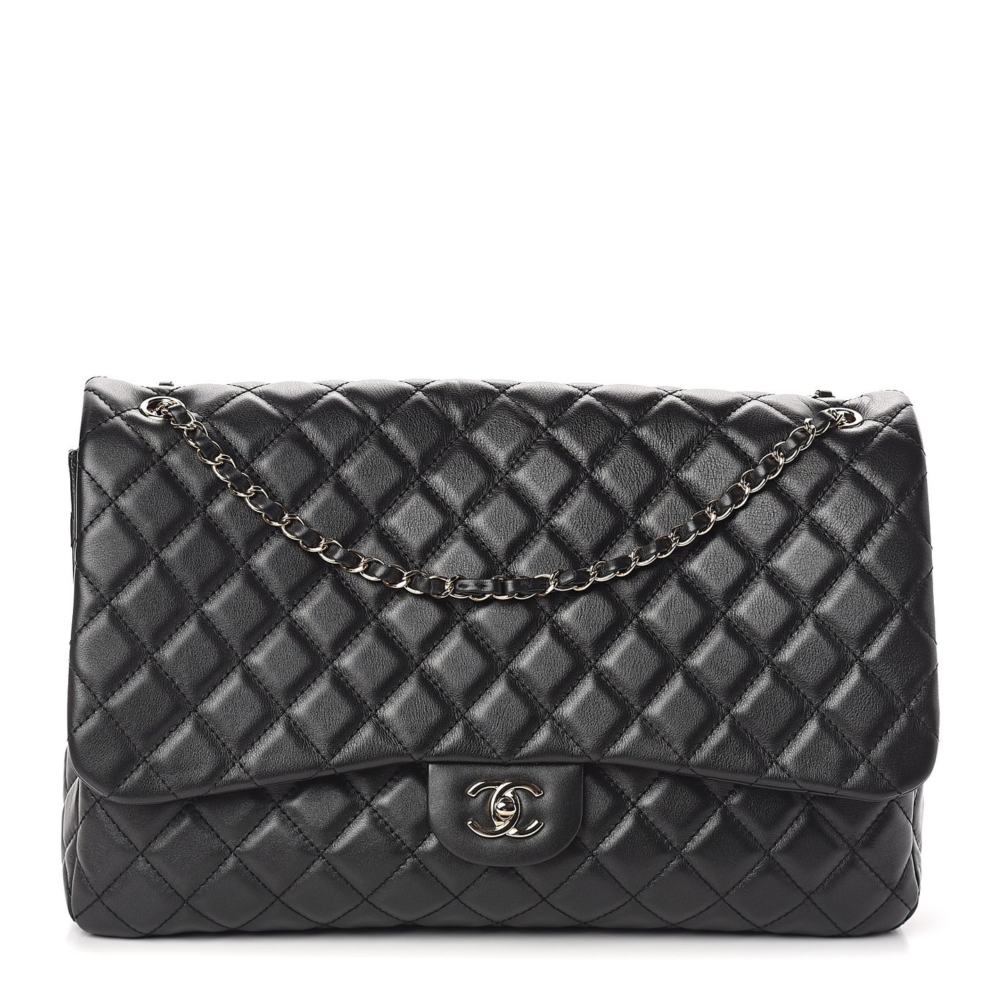 Calfskin Quilted XXL Travel Flap Bag Black