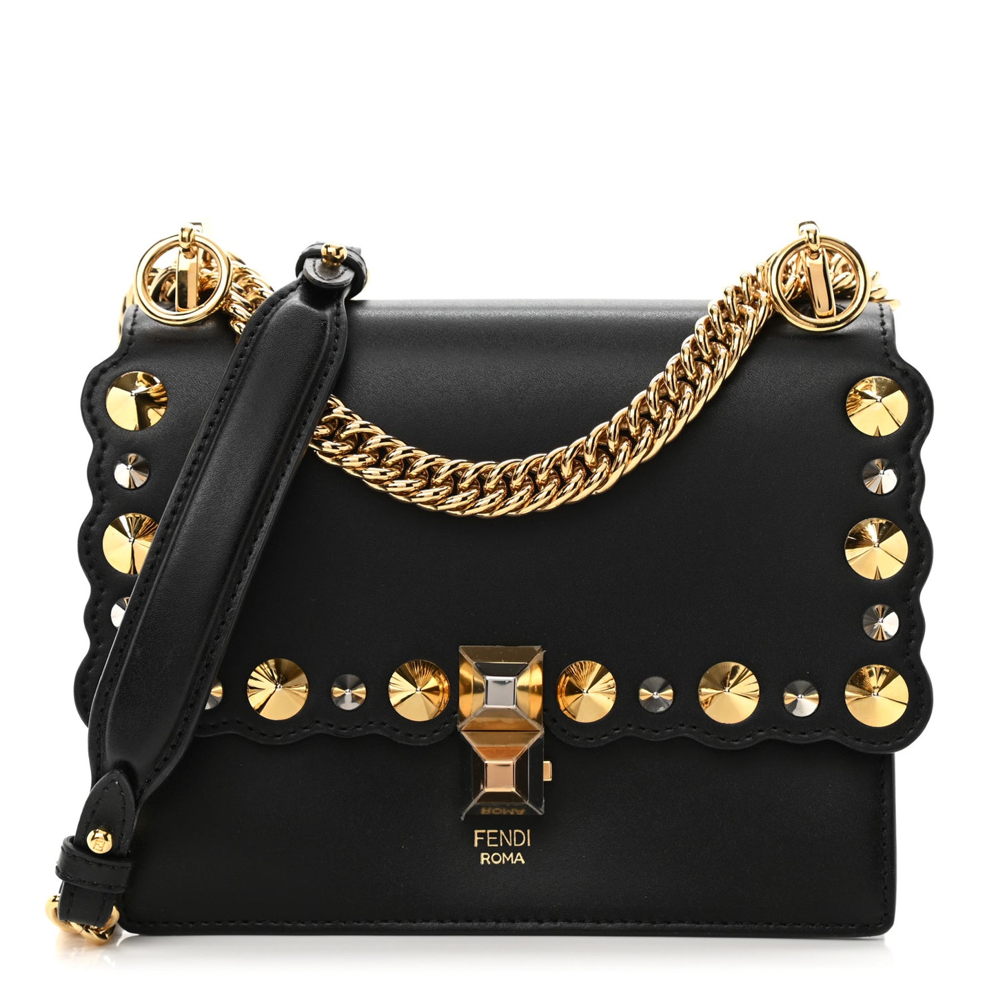 Vitello Liberty Metal Scalloped Multi Studded Small Kan I Shoulder Bag Black